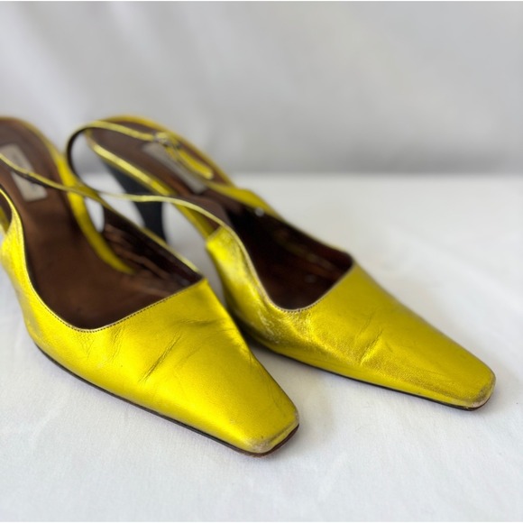 Emma Hope Jasper Conrad Metallic Chartreuse Leather Slingback Heels 37 7.5 - Picture 5 of 8
